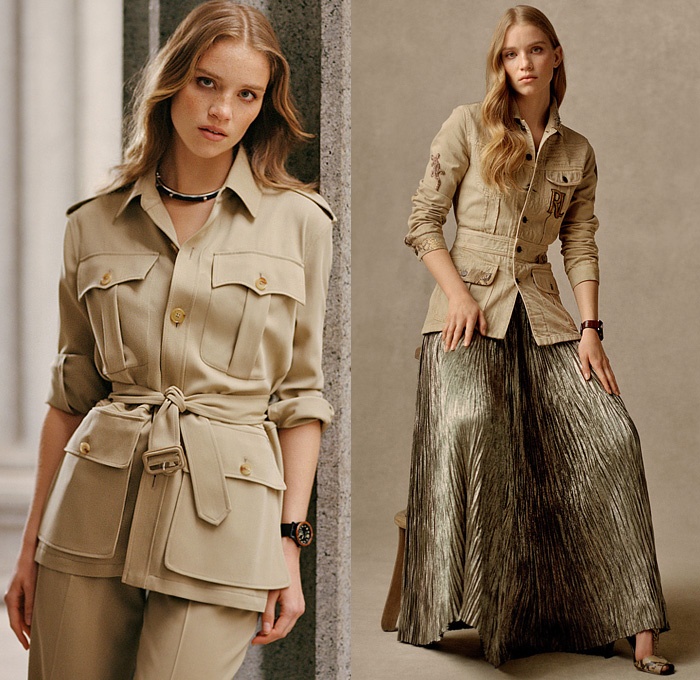 Ralph Lauren 2021 Pre-Fall Autumn Womens Lookbook Presentation - Military Cargo Utility Pockets Safari Jacket Khakis Trench Coat Poncho Mesh Knit Weave Sweater Cardigan Vest Fringes Long Sleeve Blouse One Shoulder Asymmetrical Top Silk Satin Bedazzled Sequins Embroidery Fern Ornaments Decorative Art Sweatshirt Hoodie Jogger Sweatpants Wide Leg Palazzo Pants Pleats Plissé Lamé Skirt Shirtdress Patches Lizard Travel Bag Handbag Sandals