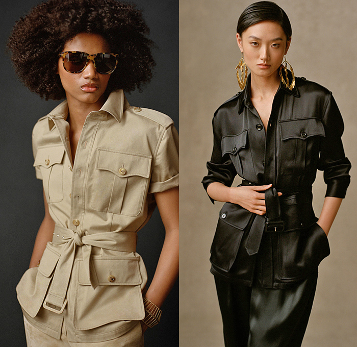 Ralph Lauren 2021 Pre-Fall Autumn Womens Lookbook Presentation - Military Cargo Utility Pockets Safari Jacket Khakis Trench Coat Poncho Mesh Knit Weave Sweater Cardigan Vest Fringes Long Sleeve Blouse One Shoulder Asymmetrical Top Silk Satin Bedazzled Sequins Embroidery Fern Ornaments Decorative Art Sweatshirt Hoodie Jogger Sweatpants Wide Leg Palazzo Pants Pleats Plissé Lamé Skirt Shirtdress Patches Lizard Travel Bag Handbag Sandals