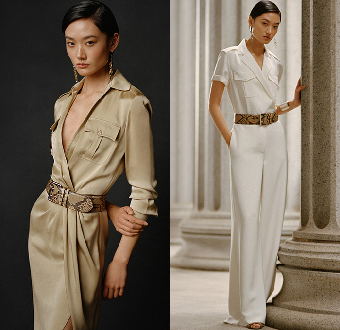 Ralph Lauren 2021 Pre-Fall Autumn Womens Lookbook Presentation - Military Cargo Utility Pockets Safari Jacket Khakis Trench Coat Poncho Mesh Knit Weave Sweater Cardigan Vest Fringes Long Sleeve Blouse One Shoulder Asymmetrical Top Silk Satin Bedazzled Sequins Embroidery Fern Ornaments Decorative Art Sweatshirt Hoodie Jogger Sweatpants Wide Leg Palazzo Pants Pleats Plissé Lamé Skirt Shirtdress Patches Lizard Travel Bag Handbag Sandals