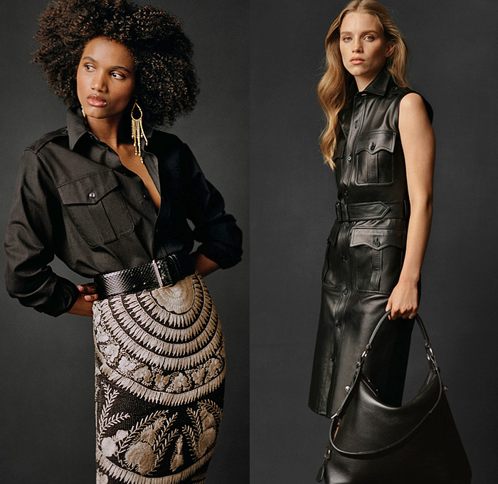 Ralph Lauren 2021 Pre-Fall Autumn Womens Lookbook Presentation - Military Cargo Utility Pockets Safari Jacket Khakis Trench Coat Poncho Mesh Knit Weave Sweater Cardigan Vest Fringes Long Sleeve Blouse One Shoulder Asymmetrical Top Silk Satin Bedazzled Sequins Embroidery Fern Ornaments Decorative Art Sweatshirt Hoodie Jogger Sweatpants Wide Leg Palazzo Pants Pleats Plissé Lamé Skirt Shirtdress Patches Lizard Travel Bag Handbag Sandals