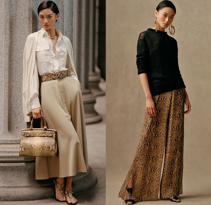 Ralph Lauren 2021 Pre-Fall Autumn Womens Lookbook Presentation - Military Cargo Utility Pockets Safari Jacket Khakis Trench Coat Poncho Mesh Knit Weave Sweater Cardigan Vest Fringes Long Sleeve Blouse One Shoulder Asymmetrical Top Silk Satin Bedazzled Sequins Embroidery Fern Ornaments Decorative Art Sweatshirt Hoodie Jogger Sweatpants Wide Leg Palazzo Pants Pleats Plissé Lamé Skirt Shirtdress Patches Lizard Travel Bag Handbag Sandals