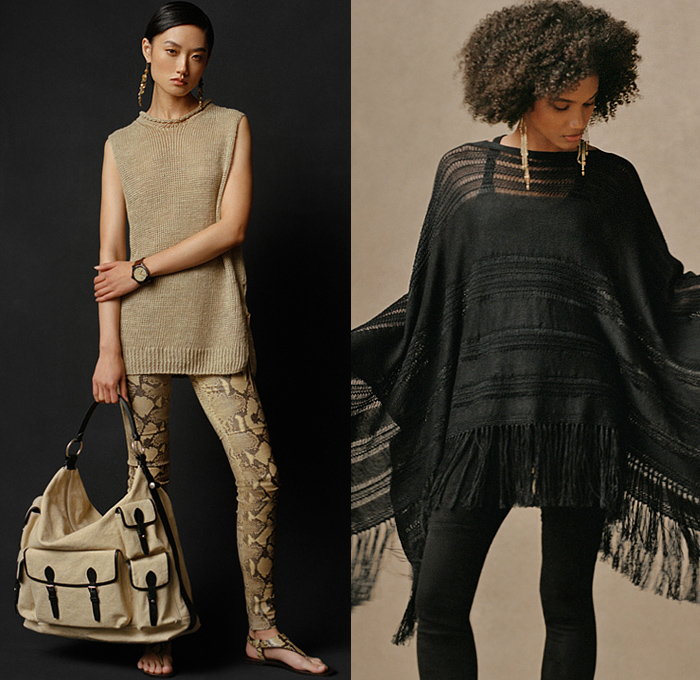 Ralph Lauren 2021 Pre-Fall Autumn Womens Lookbook Presentation - Military Cargo Utility Pockets Safari Jacket Khakis Trench Coat Poncho Mesh Knit Weave Sweater Cardigan Vest Fringes Long Sleeve Blouse One Shoulder Asymmetrical Top Silk Satin Bedazzled Sequins Embroidery Fern Ornaments Decorative Art Sweatshirt Hoodie Jogger Sweatpants Wide Leg Palazzo Pants Pleats Plissé Lamé Skirt Shirtdress Patches Lizard Travel Bag Handbag Sandals