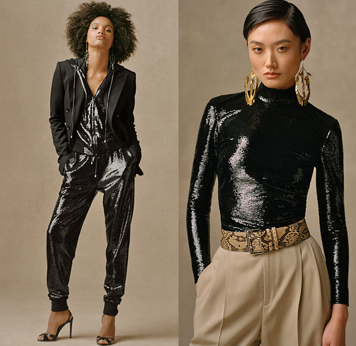 Ralph Lauren 2021 Pre-Fall Autumn Womens Lookbook Presentation - Military Cargo Utility Pockets Safari Jacket Khakis Trench Coat Poncho Mesh Knit Weave Sweater Cardigan Vest Fringes Long Sleeve Blouse One Shoulder Asymmetrical Top Silk Satin Bedazzled Sequins Embroidery Fern Ornaments Decorative Art Sweatshirt Hoodie Jogger Sweatpants Wide Leg Palazzo Pants Pleats Plissé Lamé Skirt Shirtdress Patches Lizard Travel Bag Handbag Sandals