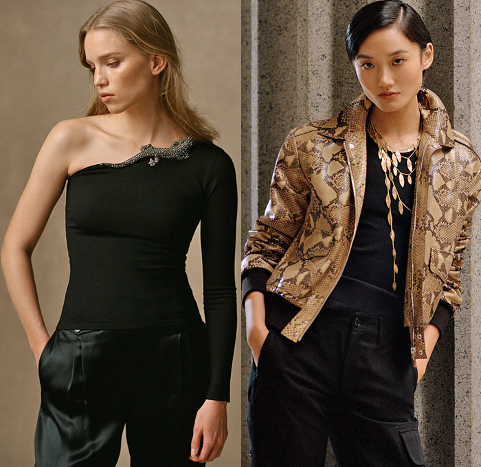 Ralph Lauren 2021 Pre-Fall Autumn Womens Lookbook Presentation - Military Cargo Utility Pockets Safari Jacket Khakis Trench Coat Poncho Mesh Knit Weave Sweater Cardigan Vest Fringes Long Sleeve Blouse One Shoulder Asymmetrical Top Silk Satin Bedazzled Sequins Embroidery Fern Ornaments Decorative Art Sweatshirt Hoodie Jogger Sweatpants Wide Leg Palazzo Pants Pleats Plissé Lamé Skirt Shirtdress Patches Lizard Travel Bag Handbag Sandals