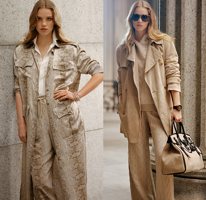 Ralph Lauren 2021 Pre-Fall Autumn Womens Lookbook Presentation - Military Cargo Utility Pockets Safari Jacket Khakis Trench Coat Poncho Mesh Knit Weave Sweater Cardigan Vest Fringes Long Sleeve Blouse One Shoulder Asymmetrical Top Silk Satin Bedazzled Sequins Embroidery Fern Ornaments Decorative Art Sweatshirt Hoodie Jogger Sweatpants Wide Leg Palazzo Pants Pleats Plissé Lamé Skirt Shirtdress Patches Lizard Travel Bag Handbag Sandals