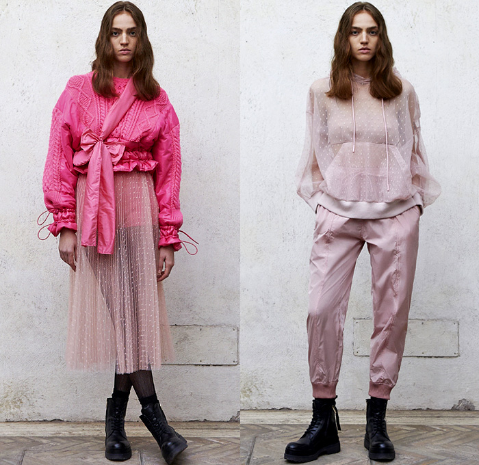 RED Valentino 2021 Pre-Fall Autumn Womens Lookbook Presentation - Hypercasual Sheer Tulle Turtleneck Sweater Polka Dots Denim Jeans Jacket Wide Sleeves Crop Top Midriff Trench Jacket Pleats Pussycat Bow Ribbon Sash Quilted Puffer Parka Coat Cargo Pockets Knit Weave Drawstring Hoodie Sweatshirt Tiered Ruffles Frills Blouse Plaid Check Babydoll Dress Poufy Shoulders Puff Sleeves Lace Mullet Hem Tutu Skirt Tights Stockings Jogger Sweatpants Hotpants Shorts Military Boots Tote Handbag