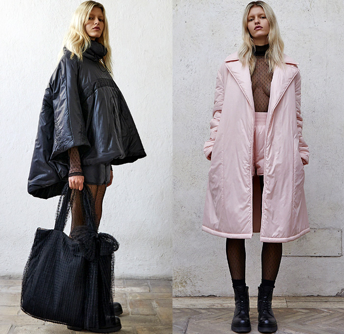 RED Valentino 2021 Pre-Fall Autumn Womens Lookbook Presentation - Hypercasual Sheer Tulle Turtleneck Sweater Polka Dots Denim Jeans Jacket Wide Sleeves Crop Top Midriff Trench Jacket Pleats Pussycat Bow Ribbon Sash Quilted Puffer Parka Coat Cargo Pockets Knit Weave Drawstring Hoodie Sweatshirt Tiered Ruffles Frills Blouse Plaid Check Babydoll Dress Poufy Shoulders Puff Sleeves Lace Mullet Hem Tutu Skirt Tights Stockings Jogger Sweatpants Hotpants Shorts Military Boots Tote Handbag