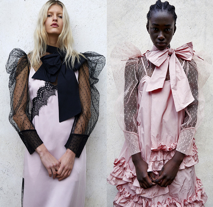 RED Valentino 2021 Pre-Fall Autumn Womens Lookbook Presentation - Hypercasual Sheer Tulle Turtleneck Sweater Polka Dots Denim Jeans Jacket Wide Sleeves Crop Top Midriff Trench Jacket Pleats Pussycat Bow Ribbon Sash Quilted Puffer Parka Coat Cargo Pockets Knit Weave Drawstring Hoodie Sweatshirt Tiered Ruffles Frills Blouse Plaid Check Babydoll Dress Poufy Shoulders Puff Sleeves Lace Mullet Hem Tutu Skirt Tights Stockings Jogger Sweatpants Hotpants Shorts Military Boots Tote Handbag