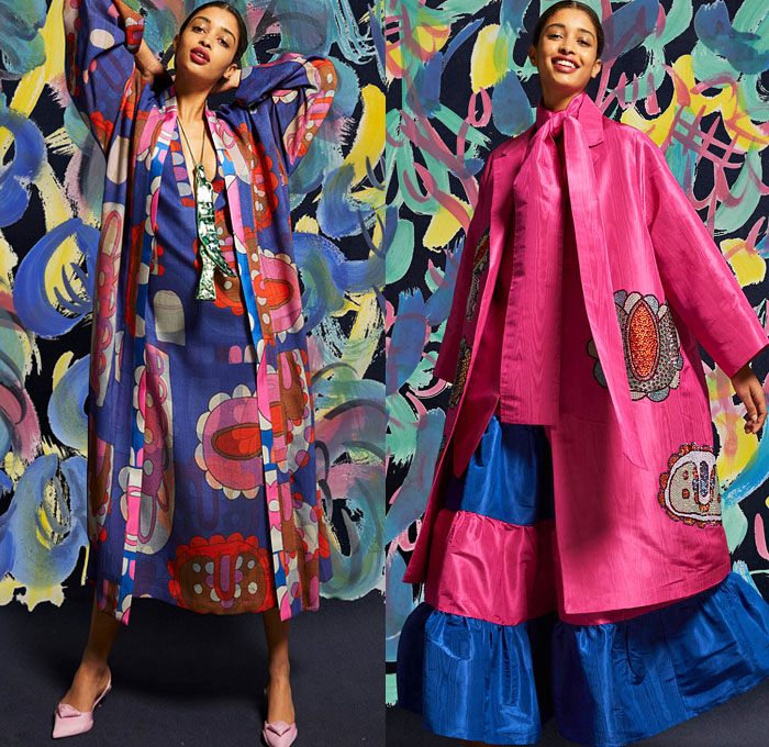 Rianna + Nina 2021-2022 Fall Autumn Winter Womens Mens Lookbook Presentation - Paris Fashion Week Femme PFW - Petalouda 1970s Seventies Bohemian Boho Chic Hipster Kaleidoscope Print Silk Taffeta Bedazzled Sequins Gems Crystals Embroidery Coat Robe Kimono Maxi Dress Flowers Floral Petals Spiral Shirtdress Djellaba Colorful Knit Geometric Fringes Tassels Decorative Art Wide Leg Culottes Shorts Tribal Pendant Necklace Animals