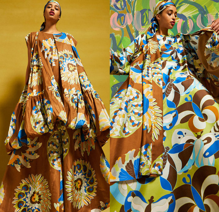 Rianna + Nina 2021-2022 Fall Autumn Winter Womens Mens Lookbook Presentation - Paris Fashion Week Femme PFW - Petalouda 1970s Seventies Bohemian Boho Chic Hipster Kaleidoscope Print Silk Taffeta Bedazzled Sequins Gems Crystals Embroidery Coat Robe Kimono Maxi Dress Flowers Floral Petals Spiral Shirtdress Djellaba Colorful Knit Geometric Fringes Tassels Decorative Art Wide Leg Culottes Shorts Tribal Pendant Necklace Animals