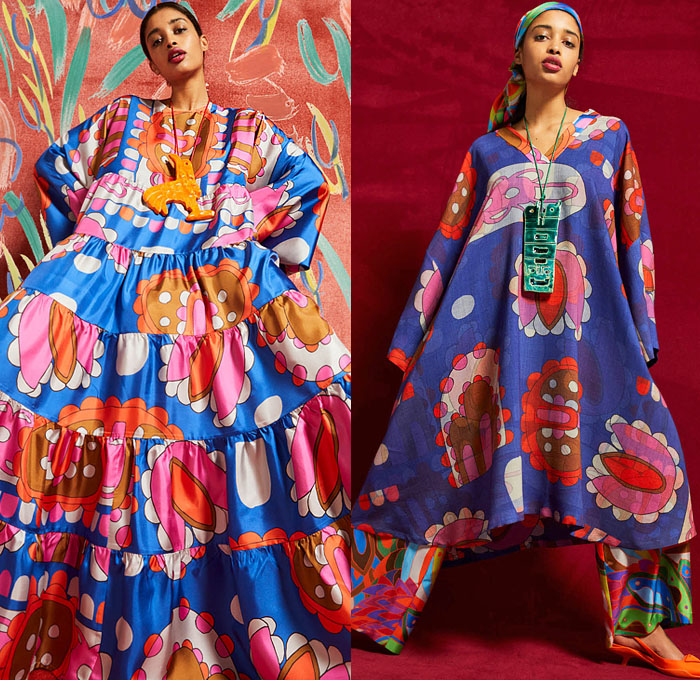 Rianna + Nina 2021-2022 Fall Autumn Winter Womens Mens Lookbook Presentation - Paris Fashion Week Femme PFW - Petalouda 1970s Seventies Bohemian Boho Chic Hipster Kaleidoscope Print Silk Taffeta Bedazzled Sequins Gems Crystals Embroidery Coat Robe Kimono Maxi Dress Flowers Floral Petals Spiral Shirtdress Djellaba Colorful Knit Geometric Fringes Tassels Decorative Art Wide Leg Culottes Shorts Tribal Pendant Necklace Animals