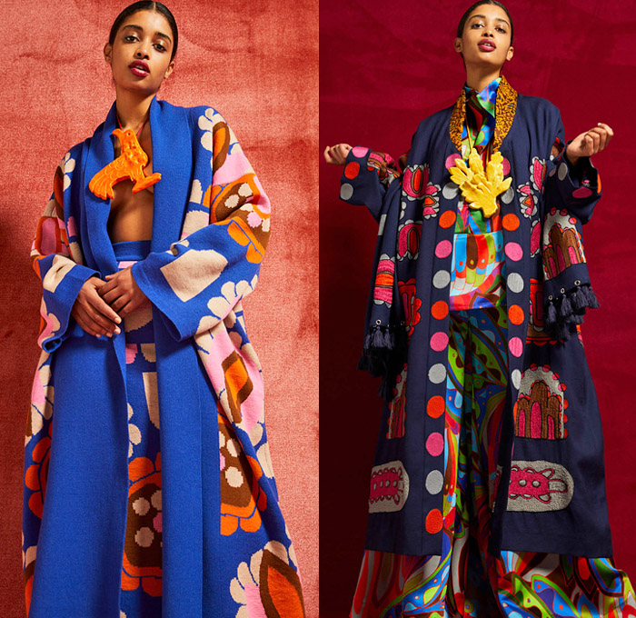 Rianna + Nina 2021-2022 Fall Autumn Winter Womens Mens Lookbook Presentation - Paris Fashion Week Femme PFW - Petalouda 1970s Seventies Bohemian Boho Chic Hipster Kaleidoscope Print Silk Taffeta Bedazzled Sequins Gems Crystals Embroidery Coat Robe Kimono Maxi Dress Flowers Floral Petals Spiral Shirtdress Djellaba Colorful Knit Geometric Fringes Tassels Decorative Art Wide Leg Culottes Shorts Tribal Pendant Necklace Animals