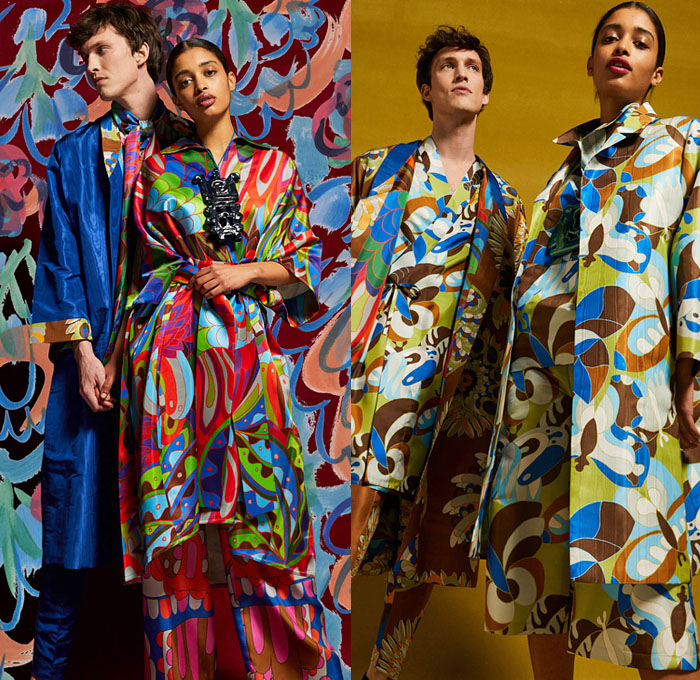 Rianna + Nina 2021-2022 Fall Autumn Winter Womens Mens Lookbook Presentation - Paris Fashion Week Femme PFW - Petalouda 1970s Seventies Bohemian Boho Chic Hipster Kaleidoscope Print Silk Taffeta Bedazzled Sequins Gems Crystals Embroidery Coat Robe Kimono Maxi Dress Flowers Floral Petals Spiral Shirtdress Djellaba Colorful Knit Geometric Fringes Tassels Decorative Art Wide Leg Culottes Shorts Tribal Pendant Necklace Animals