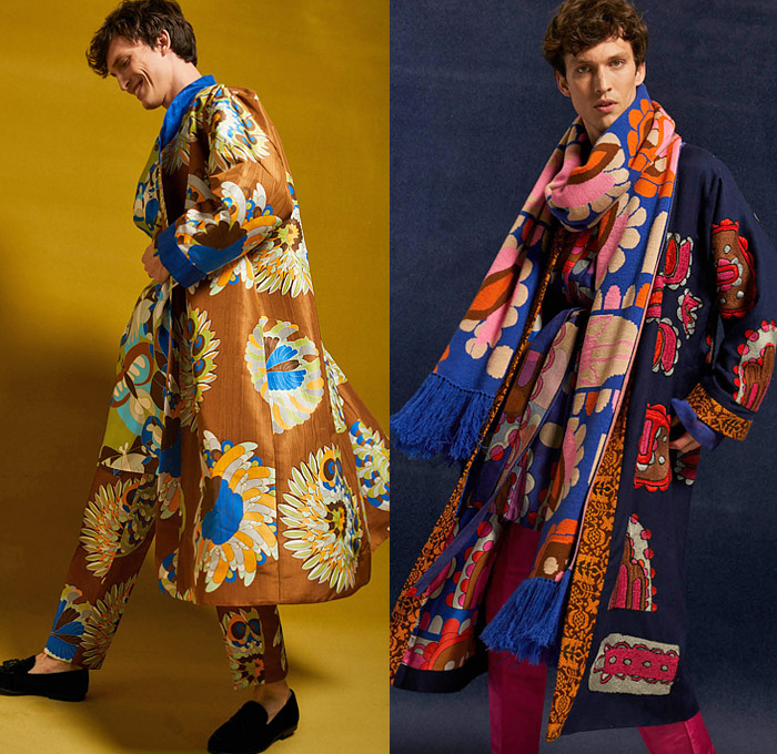 Rianna + Nina 2021-2022 Fall Autumn Winter Womens Mens Lookbook Presentation - Paris Fashion Week Femme PFW - Petalouda 1970s Seventies Bohemian Boho Chic Hipster Kaleidoscope Print Silk Taffeta Bedazzled Sequins Gems Crystals Embroidery Coat Robe Kimono Maxi Dress Flowers Floral Petals Spiral Shirtdress Djellaba Colorful Knit Geometric Fringes Tassels Decorative Art Wide Leg Culottes Shorts Tribal Pendant Necklace Animals