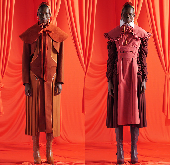 Richard Malone 2021-2022 Fall Autumn Winter Womens Lookbook Presentation - London Fashion Week Collections UK - Medieval Sculptural Cocoon Capelet Wide Puritan Collar Wool Zipper Coat Accordion Pleats Loops Swirls Cinch Silk Satin Dress Gown High Pointed Armor Shoulders Poufy Puff Sleeves Kraplap Bib Tied Knot Wrinkled Creases Drawstring Turtleneck Knit Ribbed Sweaterdress Shorts Handmaid Hood Short Fez Hat Boots Stockings Tights Mary Jane Shoes