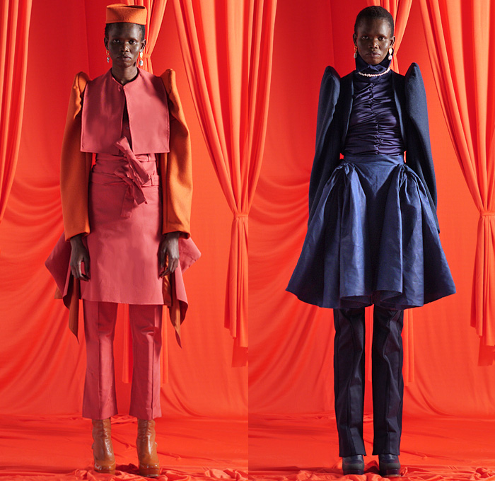 Richard Malone 2021-2022 Fall Autumn Winter Womens Lookbook Presentation - London Fashion Week Collections UK - Medieval Sculptural Cocoon Capelet Wide Puritan Collar Wool Zipper Coat Accordion Pleats Loops Swirls Cinch Silk Satin Dress Gown High Pointed Armor Shoulders Poufy Puff Sleeves Kraplap Bib Tied Knot Wrinkled Creases Drawstring Turtleneck Knit Ribbed Sweaterdress Shorts Handmaid Hood Short Fez Hat Boots Stockings Tights Mary Jane Shoes