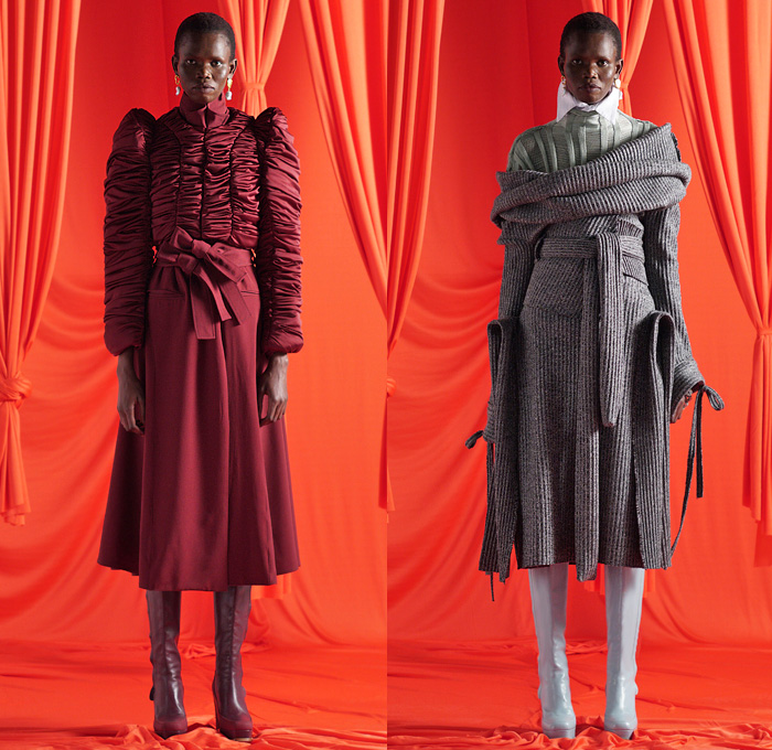 Richard Malone 2021-2022 Fall Autumn Winter Womens Lookbook Presentation - London Fashion Week Collections UK - Medieval Sculptural Cocoon Capelet Wide Puritan Collar Wool Zipper Coat Accordion Pleats Loops Swirls Cinch Silk Satin Dress Gown High Pointed Armor Shoulders Poufy Puff Sleeves Kraplap Bib Tied Knot Wrinkled Creases Drawstring Turtleneck Knit Ribbed Sweaterdress Shorts Handmaid Hood Short Fez Hat Boots Stockings Tights Mary Jane Shoes