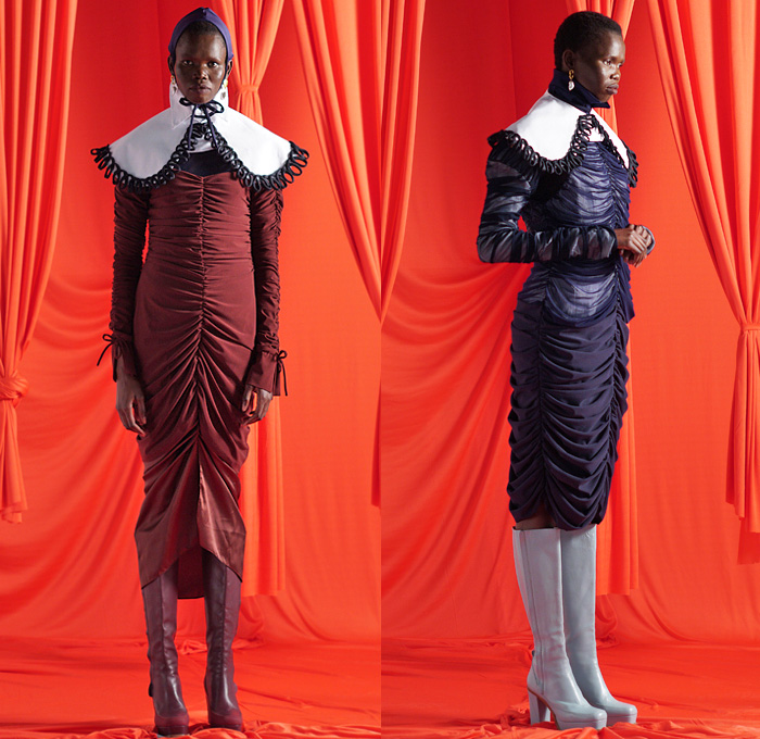 Richard Malone 2021-2022 Fall Autumn Winter Womens Lookbook Presentation - London Fashion Week Collections UK - Medieval Sculptural Cocoon Capelet Wide Puritan Collar Wool Zipper Coat Accordion Pleats Loops Swirls Cinch Silk Satin Dress Gown High Pointed Armor Shoulders Poufy Puff Sleeves Kraplap Bib Tied Knot Wrinkled Creases Drawstring Turtleneck Knit Ribbed Sweaterdress Shorts Handmaid Hood Short Fez Hat Boots Stockings Tights Mary Jane Shoes