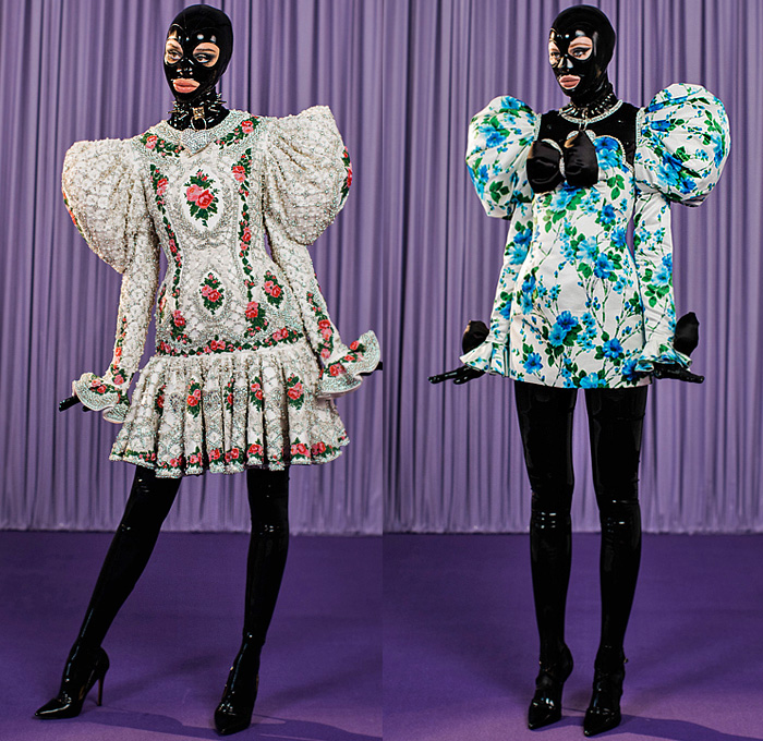 Richard Quinn 2021-2022 Fall Autumn Winter Womens Lookbook Presentation - Victorian Flowers Print Floral Fetish Latex BDSM Spikes Onesie Jumpsuit Catsuit Coveralls Poufy Shoulders Puff Sleeves Bedazzled Embroidery Crystals Gems Sequins Pearls Beads Cross Lattice Polka Dots Bell Sleeves Ruffles Babydoll Maxi Dress Gown Houndstooth Leopard Quilted Puffer Parka Capelet Coat Leggings Tights Strapless Draped Giant Bow Ribbon Zebra Stripes Feathers Wires Headwear Hat Neck Flap Heels