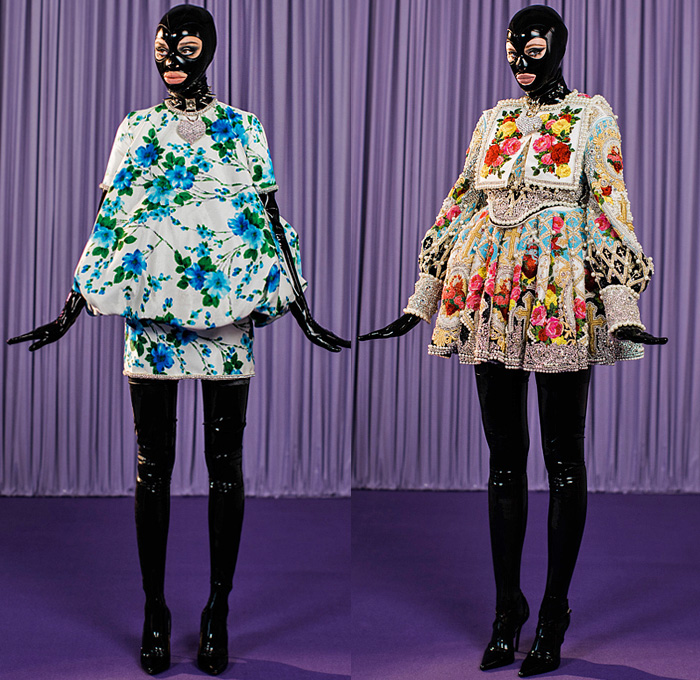 Richard Quinn 2021-2022 Fall Autumn Winter Womens Lookbook Presentation - Victorian Flowers Print Floral Fetish Latex BDSM Spikes Onesie Jumpsuit Catsuit Coveralls Poufy Shoulders Puff Sleeves Bedazzled Embroidery Crystals Gems Sequins Pearls Beads Cross Lattice Polka Dots Bell Sleeves Ruffles Babydoll Maxi Dress Gown Houndstooth Leopard Quilted Puffer Parka Capelet Coat Leggings Tights Strapless Draped Giant Bow Ribbon Zebra Stripes Feathers Wires Headwear Hat Neck Flap Heels