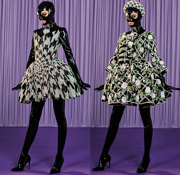 Richard Quinn 2021-2022 Fall Autumn Winter Womens Lookbook Presentation - Victorian Flowers Print Floral Fetish Latex BDSM Spikes Onesie Jumpsuit Catsuit Coveralls Poufy Shoulders Puff Sleeves Bedazzled Embroidery Crystals Gems Sequins Pearls Beads Cross Lattice Polka Dots Bell Sleeves Ruffles Babydoll Maxi Dress Gown Houndstooth Leopard Quilted Puffer Parka Capelet Coat Leggings Tights Strapless Draped Giant Bow Ribbon Zebra Stripes Feathers Wires Headwear Hat Neck Flap Heels