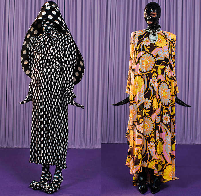 Richard Quinn 2021-2022 Fall Autumn Winter Womens Lookbook Presentation - Victorian Flowers Print Floral Fetish Latex BDSM Spikes Onesie Jumpsuit Catsuit Coveralls Poufy Shoulders Puff Sleeves Bedazzled Embroidery Crystals Gems Sequins Pearls Beads Cross Lattice Polka Dots Bell Sleeves Ruffles Babydoll Maxi Dress Gown Houndstooth Leopard Quilted Puffer Parka Capelet Coat Leggings Tights Strapless Draped Giant Bow Ribbon Zebra Stripes Feathers Wires Headwear Hat Neck Flap Heels