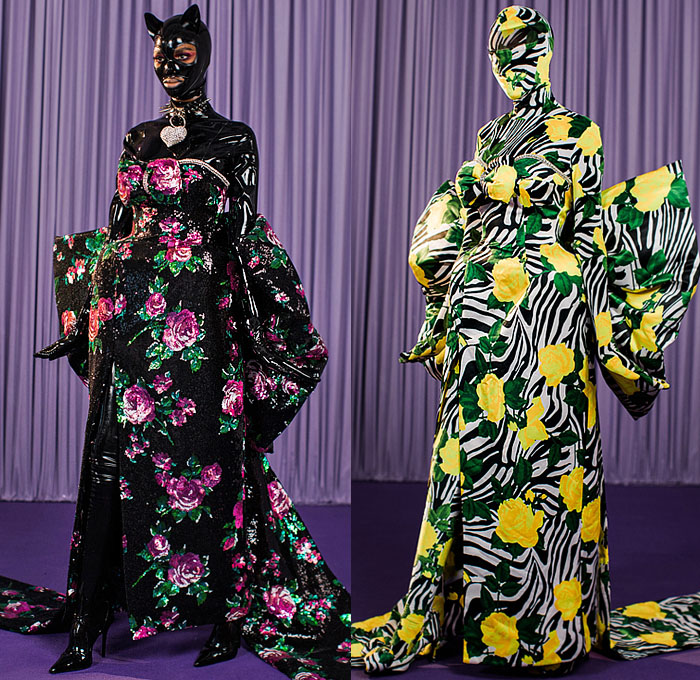 Richard Quinn 2021-2022 Fall Autumn Winter Womens Lookbook Presentation - Victorian Flowers Print Floral Fetish Latex BDSM Spikes Onesie Jumpsuit Catsuit Coveralls Poufy Shoulders Puff Sleeves Bedazzled Embroidery Crystals Gems Sequins Pearls Beads Cross Lattice Polka Dots Bell Sleeves Ruffles Babydoll Maxi Dress Gown Houndstooth Leopard Quilted Puffer Parka Capelet Coat Leggings Tights Strapless Draped Giant Bow Ribbon Zebra Stripes Feathers Wires Headwear Hat Neck Flap Heels