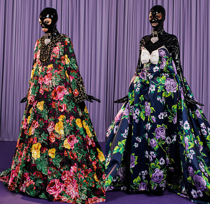 Richard Quinn 2021-2022 Fall Autumn Winter Womens Lookbook Presentation - Victorian Flowers Print Floral Fetish Latex BDSM Spikes Onesie Jumpsuit Catsuit Coveralls Poufy Shoulders Puff Sleeves Bedazzled Embroidery Crystals Gems Sequins Pearls Beads Cross Lattice Polka Dots Bell Sleeves Ruffles Babydoll Maxi Dress Gown Houndstooth Leopard Quilted Puffer Parka Capelet Coat Leggings Tights Strapless Draped Giant Bow Ribbon Zebra Stripes Feathers Wires Headwear Hat Neck Flap Heels