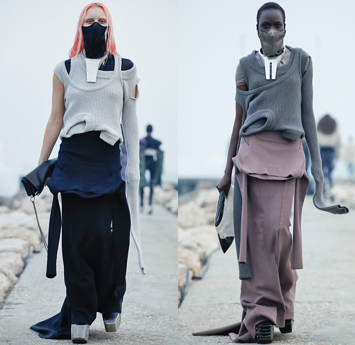 Rick Owens 2021-2022 Fall Autumn Winter Womens Runway Catwalk Looks - Paris Fashion Week Femme PFW - Gethsemane Masks Bedazzled Sequins Onesie Jumpsuit Coveralls Deconstructed Knit Sweater Ripped Holes Unitard Fur Shearling Quilted Puffer Coat Bomber Jacket Wide Sleeves Asymmetrical Top Frankenstein High Strong Shoulders Dress Gown Crop Top Pleats Vest Futuristic Snap Buttons Breastplate Cape Cloak Shaggy Metal Toe Armor Boots Gauntlet Gloves Pouch