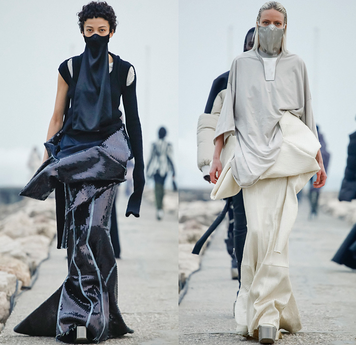 Rick Owens 2021-2022 Fall Autumn Winter Womens Runway Catwalk Looks - Paris Fashion Week Femme PFW - Gethsemane Masks Bedazzled Sequins Onesie Jumpsuit Coveralls Deconstructed Knit Sweater Ripped Holes Unitard Fur Shearling Quilted Puffer Coat Bomber Jacket Wide Sleeves Asymmetrical Top Frankenstein High Strong Shoulders Dress Gown Crop Top Pleats Vest Futuristic Snap Buttons Breastplate Cape Cloak Shaggy Metal Toe Armor Boots Gauntlet Gloves Pouch