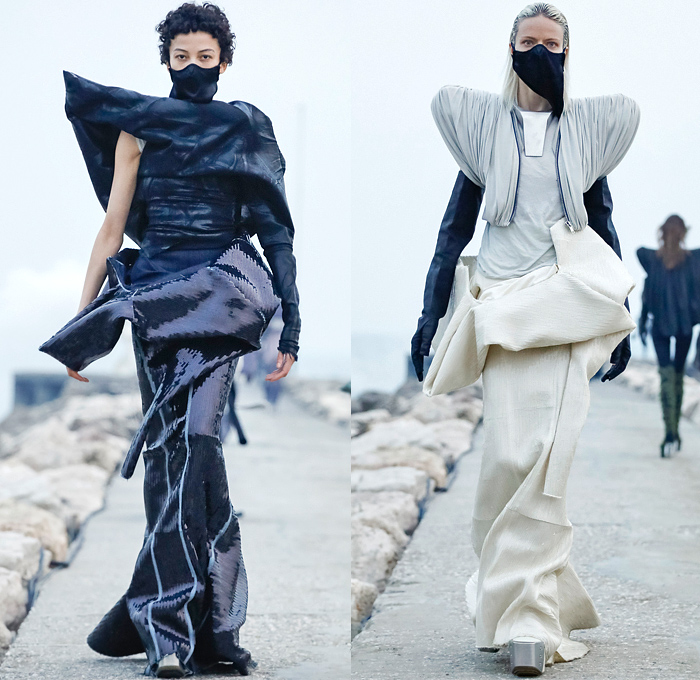Rick Owens 2021-2022 Fall Autumn Winter Womens Runway Catwalk Looks - Paris Fashion Week Femme PFW - Gethsemane Masks Bedazzled Sequins Onesie Jumpsuit Coveralls Deconstructed Knit Sweater Ripped Holes Unitard Fur Shearling Quilted Puffer Coat Bomber Jacket Wide Sleeves Asymmetrical Top Frankenstein High Strong Shoulders Dress Gown Crop Top Pleats Vest Futuristic Snap Buttons Breastplate Cape Cloak Shaggy Metal Toe Armor Boots Gauntlet Gloves Pouch