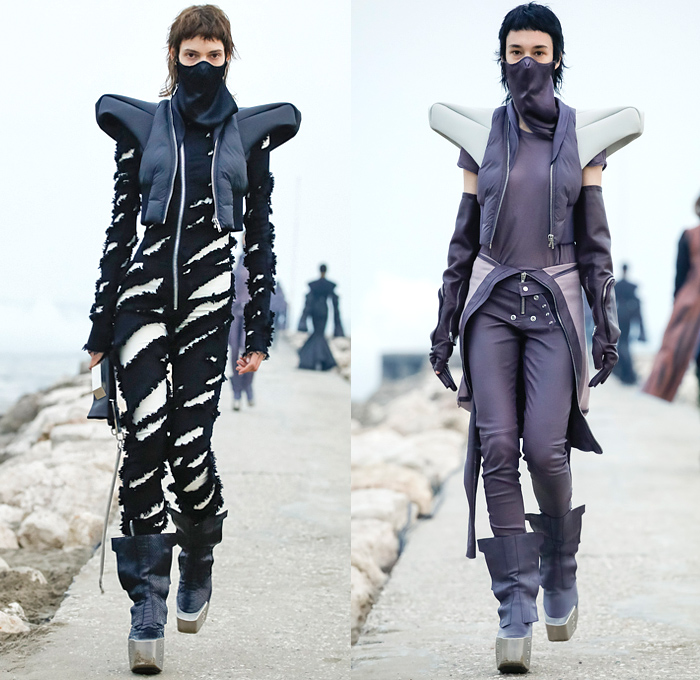 Rick Owens 2021-2022 Fall Autumn Winter Womens Runway Catwalk Looks - Paris Fashion Week Femme PFW - Gethsemane Masks Bedazzled Sequins Onesie Jumpsuit Coveralls Deconstructed Knit Sweater Ripped Holes Unitard Fur Shearling Quilted Puffer Coat Bomber Jacket Wide Sleeves Asymmetrical Top Frankenstein High Strong Shoulders Dress Gown Crop Top Pleats Vest Futuristic Snap Buttons Breastplate Cape Cloak Shaggy Metal Toe Armor Boots Gauntlet Gloves Pouch