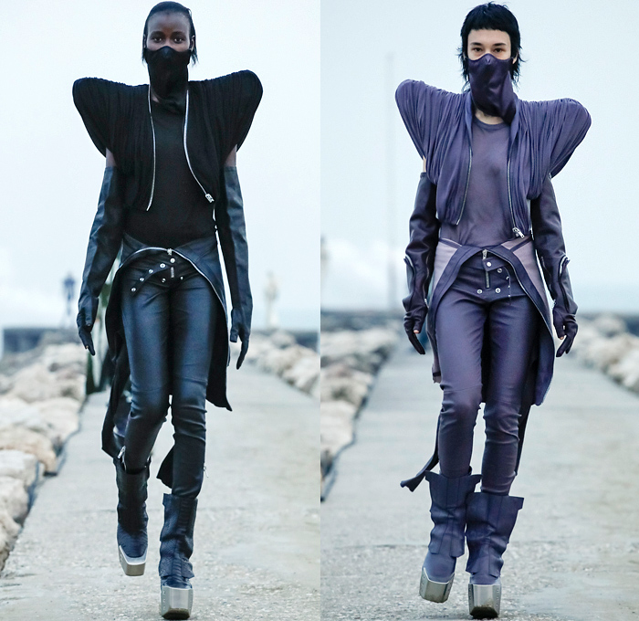 Rick Owens 2021-2022 Fall Autumn Winter Womens Runway Catwalk Looks - Paris Fashion Week Femme PFW - Gethsemane Masks Bedazzled Sequins Onesie Jumpsuit Coveralls Deconstructed Knit Sweater Ripped Holes Unitard Fur Shearling Quilted Puffer Coat Bomber Jacket Wide Sleeves Asymmetrical Top Frankenstein High Strong Shoulders Dress Gown Crop Top Pleats Vest Futuristic Snap Buttons Breastplate Cape Cloak Shaggy Metal Toe Armor Boots Gauntlet Gloves Pouch