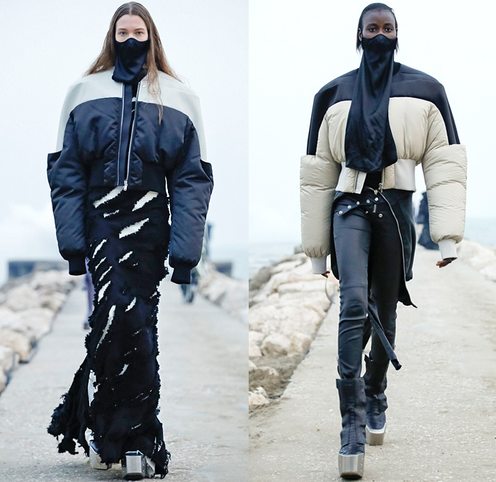 Rick Owens 2021-2022 Fall Autumn Winter Womens Runway Catwalk Looks - Paris Fashion Week Femme PFW - Gethsemane Masks Bedazzled Sequins Onesie Jumpsuit Coveralls Deconstructed Knit Sweater Ripped Holes Unitard Fur Shearling Quilted Puffer Coat Bomber Jacket Wide Sleeves Asymmetrical Top Frankenstein High Strong Shoulders Dress Gown Crop Top Pleats Vest Futuristic Snap Buttons Breastplate Cape Cloak Shaggy Metal Toe Armor Boots Gauntlet Gloves Pouch