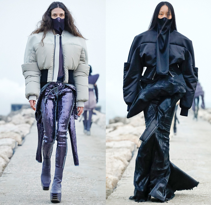 Rick Owens 2021-2022 Fall Autumn Winter Womens Runway Catwalk Looks - Paris Fashion Week Femme PFW - Gethsemane Masks Bedazzled Sequins Onesie Jumpsuit Coveralls Deconstructed Knit Sweater Ripped Holes Unitard Fur Shearling Quilted Puffer Coat Bomber Jacket Wide Sleeves Asymmetrical Top Frankenstein High Strong Shoulders Dress Gown Crop Top Pleats Vest Futuristic Snap Buttons Breastplate Cape Cloak Shaggy Metal Toe Armor Boots Gauntlet Gloves Pouch