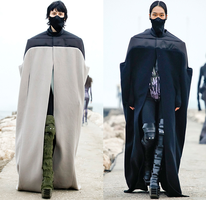 Rick Owens 2021-2022 Fall Autumn Winter Womens Runway Catwalk Looks - Paris Fashion Week Femme PFW - Gethsemane Masks Bedazzled Sequins Onesie Jumpsuit Coveralls Deconstructed Knit Sweater Ripped Holes Unitard Fur Shearling Quilted Puffer Coat Bomber Jacket Wide Sleeves Asymmetrical Top Frankenstein High Strong Shoulders Dress Gown Crop Top Pleats Vest Futuristic Snap Buttons Breastplate Cape Cloak Shaggy Metal Toe Armor Boots Gauntlet Gloves Pouch
