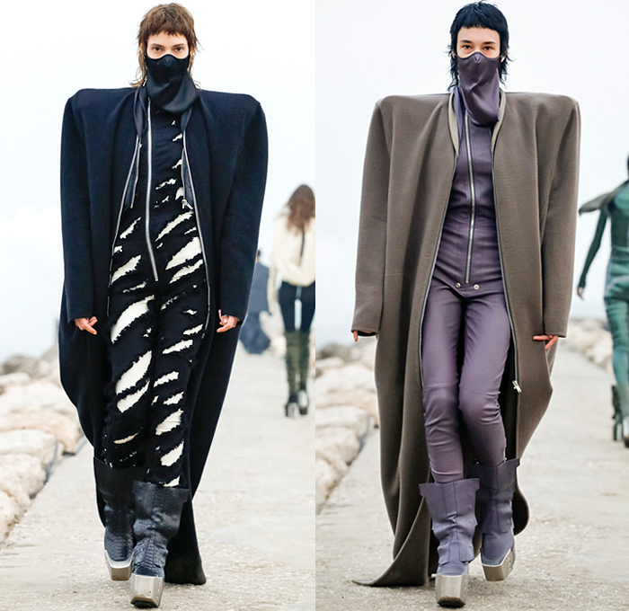 Rick Owens 2021-2022 Fall Autumn Winter Womens Runway Catwalk Looks - Paris Fashion Week Femme PFW - Gethsemane Masks Bedazzled Sequins Onesie Jumpsuit Coveralls Deconstructed Knit Sweater Ripped Holes Unitard Fur Shearling Quilted Puffer Coat Bomber Jacket Wide Sleeves Asymmetrical Top Frankenstein High Strong Shoulders Dress Gown Crop Top Pleats Vest Futuristic Snap Buttons Breastplate Cape Cloak Shaggy Metal Toe Armor Boots Gauntlet Gloves Pouch