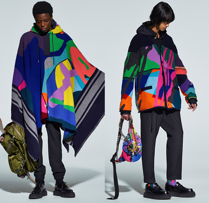 Sacai by Chitose Abe 2021-2022 Fall Autumn Winter Mens Lookbook Presentation - Rakuten Fashion Week Tokyo Japan - Kaws Brian Donnelly Nike Collaboration Deconstructed Hybrid Patchwork Panels Urban High Streetwear Knit Wool Fleece Poncho Hoodie Shearling Coat Parka Aviator Bomber Jacket Blazer Anorak Multicolored Check Camouflage Utility Pockets Leather Quilted Puffer Straps Zipper Corduroy Cargo Pants Jogger Pouch Backpack Loafers Sneakers