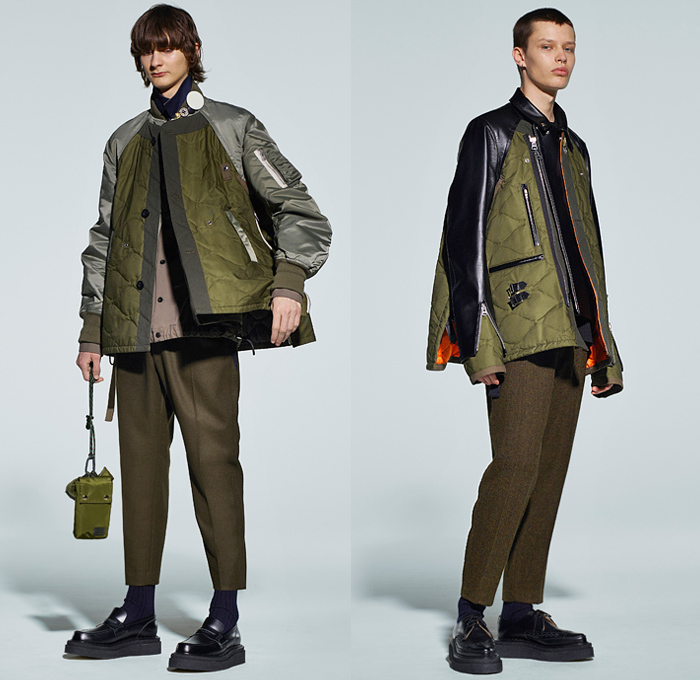 Sacai by Chitose Abe 2021-2022 Fall Autumn Winter Mens Lookbook Presentation - Rakuten Fashion Week Tokyo Japan - Kaws Brian Donnelly Nike Collaboration Deconstructed Hybrid Patchwork Panels Urban High Streetwear Knit Wool Fleece Poncho Hoodie Shearling Coat Parka Aviator Bomber Jacket Blazer Anorak Multicolored Check Camouflage Utility Pockets Leather Quilted Puffer Straps Zipper Corduroy Cargo Pants Jogger Pouch Backpack Loafers Sneakers