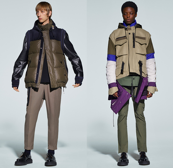 Sacai by Chitose Abe 2021-2022 Fall Autumn Winter Mens Lookbook Presentation - Rakuten Fashion Week Tokyo Japan - Kaws Brian Donnelly Nike Collaboration Deconstructed Hybrid Patchwork Panels Urban High Streetwear Knit Wool Fleece Poncho Hoodie Shearling Coat Parka Aviator Bomber Jacket Blazer Anorak Multicolored Check Camouflage Utility Pockets Leather Quilted Puffer Straps Zipper Corduroy Cargo Pants Jogger Pouch Backpack Loafers Sneakers