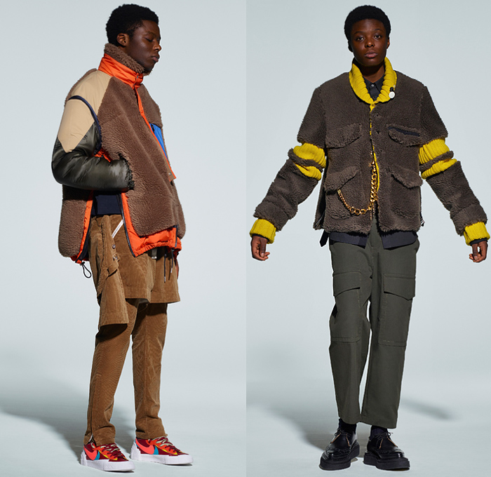 Sacai by Chitose Abe 2021-2022 Fall Autumn Winter Mens Lookbook Presentation - Rakuten Fashion Week Tokyo Japan - Kaws Brian Donnelly Nike Collaboration Deconstructed Hybrid Patchwork Panels Urban High Streetwear Knit Wool Fleece Poncho Hoodie Shearling Coat Parka Aviator Bomber Jacket Blazer Anorak Multicolored Check Camouflage Utility Pockets Leather Quilted Puffer Straps Zipper Corduroy Cargo Pants Jogger Pouch Backpack Loafers Sneakers