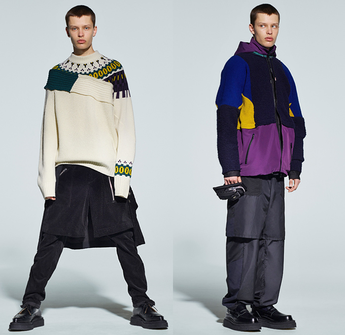 Sacai by Chitose Abe 2021-2022 Fall Autumn Winter Mens Lookbook Presentation - Rakuten Fashion Week Tokyo Japan - Kaws Brian Donnelly Nike Collaboration Deconstructed Hybrid Patchwork Panels Urban High Streetwear Knit Wool Fleece Poncho Hoodie Shearling Coat Parka Aviator Bomber Jacket Blazer Anorak Multicolored Check Camouflage Utility Pockets Leather Quilted Puffer Straps Zipper Corduroy Cargo Pants Jogger Pouch Backpack Loafers Sneakers