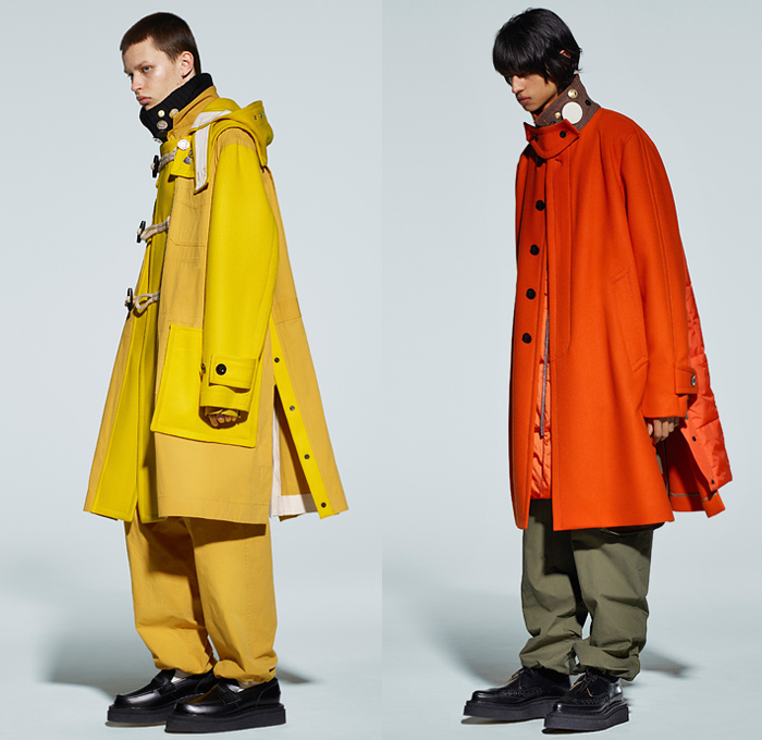 Sacai by Chitose Abe 2021-2022 Fall Autumn Winter Mens Lookbook Presentation - Rakuten Fashion Week Tokyo Japan - Kaws Brian Donnelly Nike Collaboration Deconstructed Hybrid Patchwork Panels Urban High Streetwear Knit Wool Fleece Poncho Hoodie Shearling Coat Parka Aviator Bomber Jacket Blazer Anorak Multicolored Check Camouflage Utility Pockets Leather Quilted Puffer Straps Zipper Corduroy Cargo Pants Jogger Pouch Backpack Loafers Sneakers