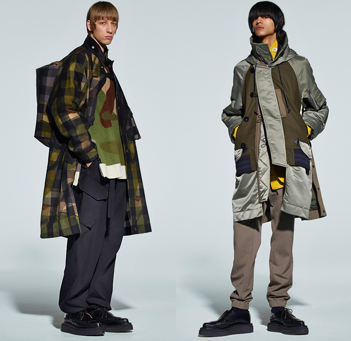 Sacai by Chitose Abe 2021-2022 Fall Autumn Winter Mens Lookbook Presentation - Rakuten Fashion Week Tokyo Japan - Kaws Brian Donnelly Nike Collaboration Deconstructed Hybrid Patchwork Panels Urban High Streetwear Knit Wool Fleece Poncho Hoodie Shearling Coat Parka Aviator Bomber Jacket Blazer Anorak Multicolored Check Camouflage Utility Pockets Leather Quilted Puffer Straps Zipper Corduroy Cargo Pants Jogger Pouch Backpack Loafers Sneakers