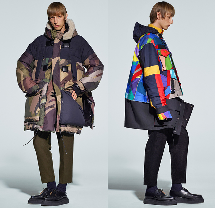 Sacai by Chitose Abe 2021-2022 Fall Autumn Winter Mens Lookbook Presentation - Rakuten Fashion Week Tokyo Japan - Kaws Brian Donnelly Nike Collaboration Deconstructed Hybrid Patchwork Panels Urban High Streetwear Knit Wool Fleece Poncho Hoodie Shearling Coat Parka Aviator Bomber Jacket Blazer Anorak Multicolored Check Camouflage Utility Pockets Leather Quilted Puffer Straps Zipper Corduroy Cargo Pants Jogger Pouch Backpack Loafers Sneakers