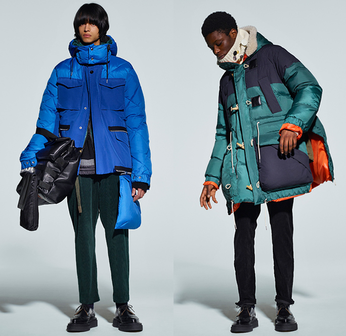 Sacai by Chitose Abe 2021-2022 Fall Autumn Winter Mens Lookbook Presentation - Rakuten Fashion Week Tokyo Japan - Kaws Brian Donnelly Nike Collaboration Deconstructed Hybrid Patchwork Panels Urban High Streetwear Knit Wool Fleece Poncho Hoodie Shearling Coat Parka Aviator Bomber Jacket Blazer Anorak Multicolored Check Camouflage Utility Pockets Leather Quilted Puffer Straps Zipper Corduroy Cargo Pants Jogger Pouch Backpack Loafers Sneakers