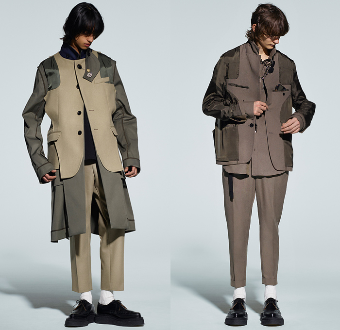 Sacai by Chitose Abe 2021-2022 Fall Autumn Winter Mens Lookbook Presentation - Rakuten Fashion Week Tokyo Japan - Kaws Brian Donnelly Nike Collaboration Deconstructed Hybrid Patchwork Panels Urban High Streetwear Knit Wool Fleece Poncho Hoodie Shearling Coat Parka Aviator Bomber Jacket Blazer Anorak Multicolored Check Camouflage Utility Pockets Leather Quilted Puffer Straps Zipper Corduroy Cargo Pants Jogger Pouch Backpack Loafers Sneakers