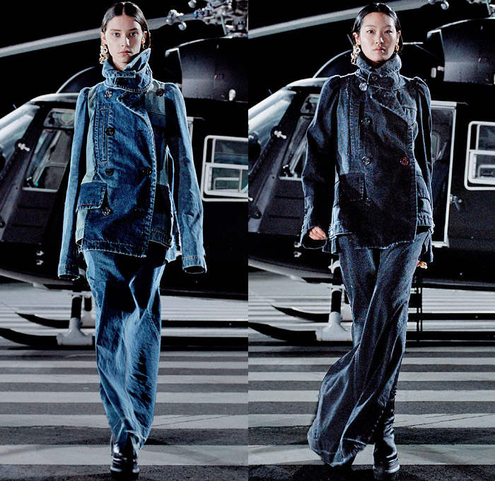 Sacai 2021-2022 Fall Autumn Winter Womens Runway Catwalk Looks - Chitose Abe - Helicopter Deconstructed Hybrid Patchwork Panels Denim Jeans Trench Pea Coat Tweed Frayed Raw Hem Knit Weave Turtleneck Sweater Military Aviator Crop Top Midriff Draped Long Skirt Quilted Puffer Jacket Cargo Utility Pockets Sheer Tulle Fur Plush Shearling Accordion Pleats Sweaterdress Drawstring Fringes Shawl Long Sleeve Blouse Tights Leggings Combat Biker Boots