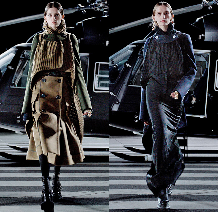 Sacai 2021-2022 Fall Autumn Winter Womens Runway Catwalk Looks - Chitose Abe - Helicopter Deconstructed Hybrid Patchwork Panels Denim Jeans Trench Pea Coat Tweed Frayed Raw Hem Knit Weave Turtleneck Sweater Military Aviator Crop Top Midriff Draped Long Skirt Quilted Puffer Jacket Cargo Utility Pockets Sheer Tulle Fur Plush Shearling Accordion Pleats Sweaterdress Drawstring Fringes Shawl Long Sleeve Blouse Tights Leggings Combat Biker Boots