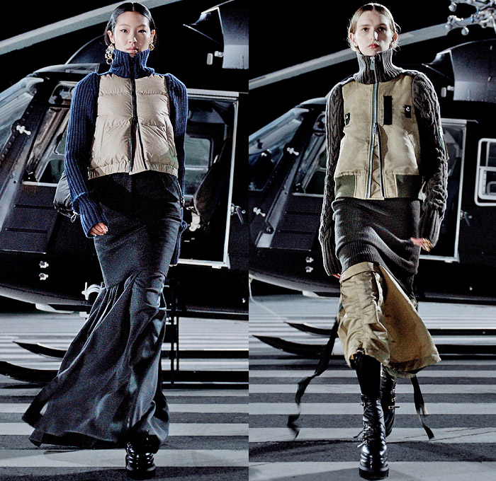 Sacai 2021-2022 Fall Autumn Winter Womens Runway Catwalk Looks - Chitose Abe - Helicopter Deconstructed Hybrid Patchwork Panels Denim Jeans Trench Pea Coat Tweed Frayed Raw Hem Knit Weave Turtleneck Sweater Military Aviator Crop Top Midriff Draped Long Skirt Quilted Puffer Jacket Cargo Utility Pockets Sheer Tulle Fur Plush Shearling Accordion Pleats Sweaterdress Drawstring Fringes Shawl Long Sleeve Blouse Tights Leggings Combat Biker Boots